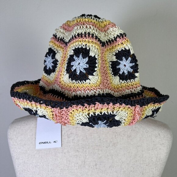 O'Neill Nadie Hat Women’s Crochet Sunhat Bucket Pink Blue Granny Square Beach - Picture 6 of 6